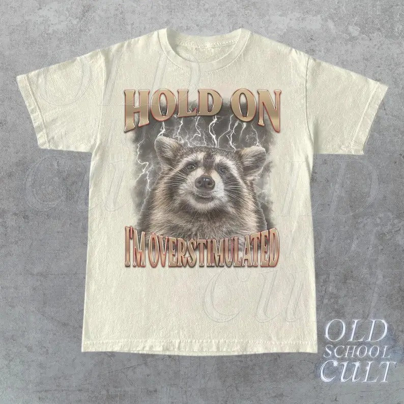 Hold On I'm Overstimulated Vintage T-Shirt, Retro Raccoon Bootleg Shirt, Adult T Shirt, Funny Raccoon Shirt, Meme T...