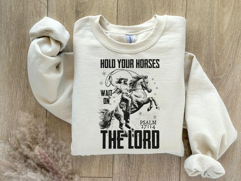 Hold Your Horses Christian Shirt Png Wait On The Lord Bible Verse T-shirt Western Faith-based Clothing Vintage Cowboy...