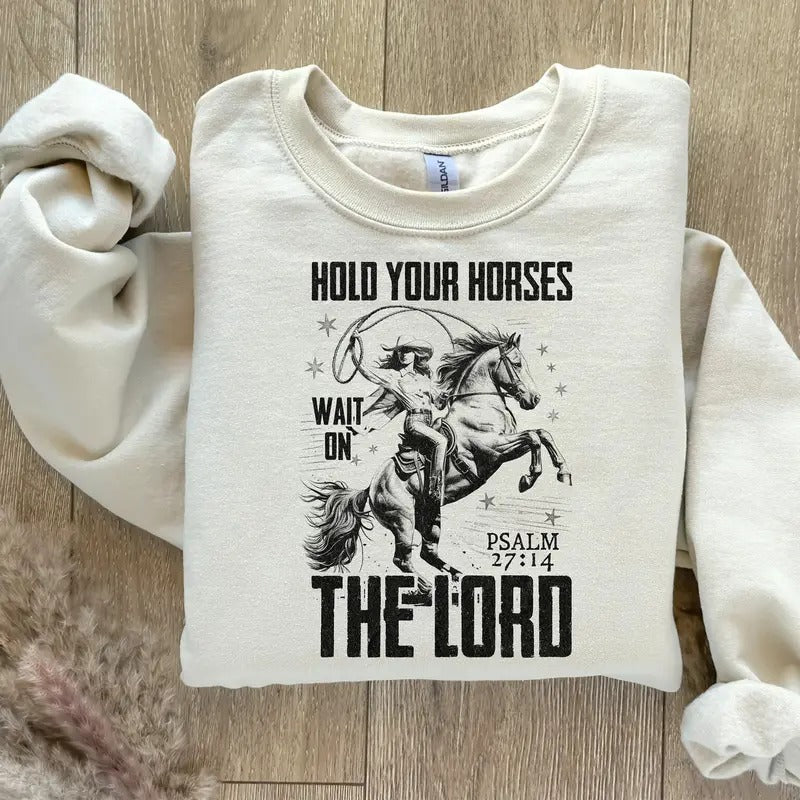 Hold Your Horses Christian Shirt Png Wait On The Lord Bible Verse T-shirt Western Faith-based Clothing Vintage Cowboy...