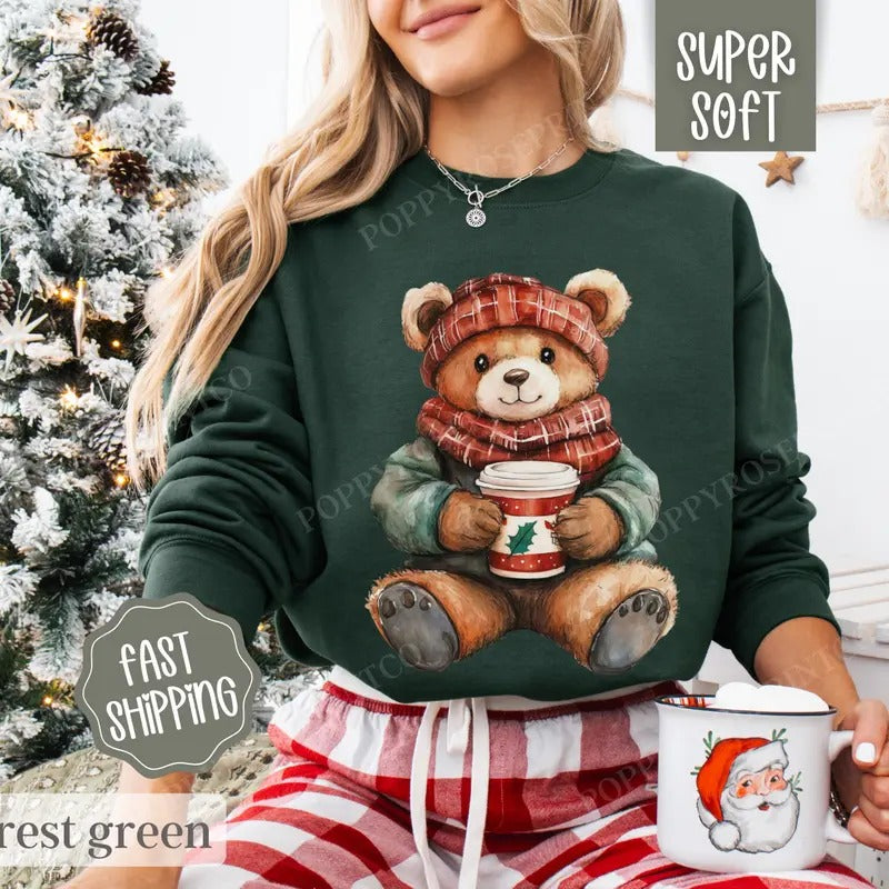 Holiday Bear Sweatshirt, Cute Christmas Sweater, Women's Holiday Crewneck T-Shirts, Hoodie | HypeDripTees.com