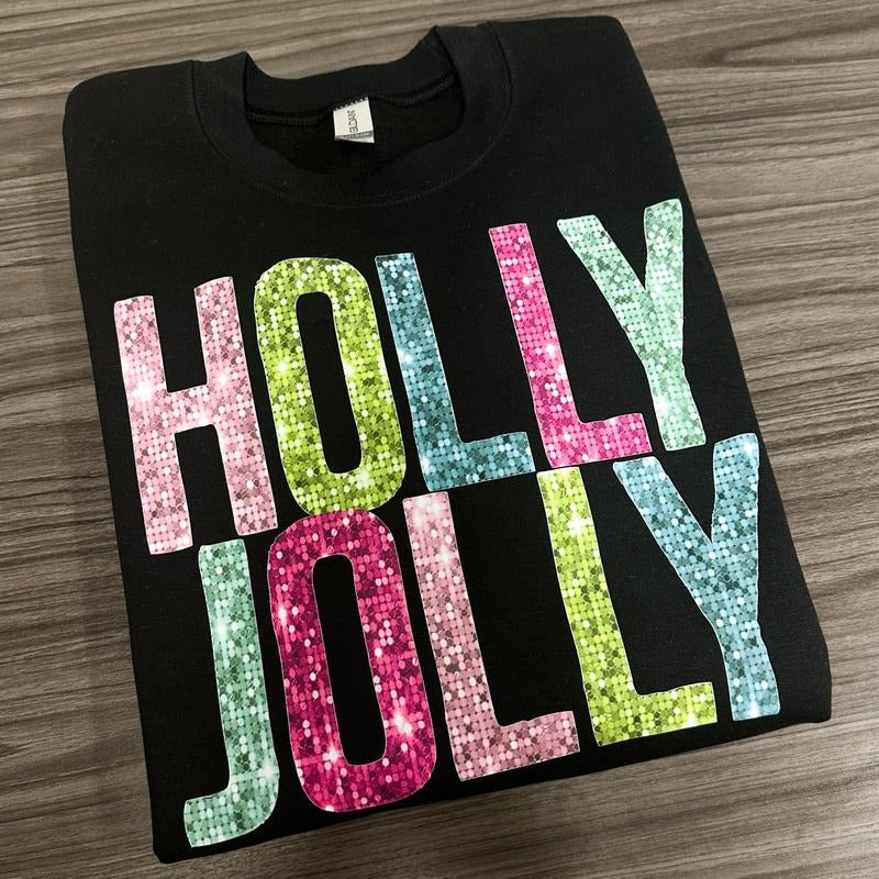 Holly Jolly  FAKE Sequin Gildan Sweatshirt -- BLACK T-Shirts, Hoodie | HypeDripTees.com