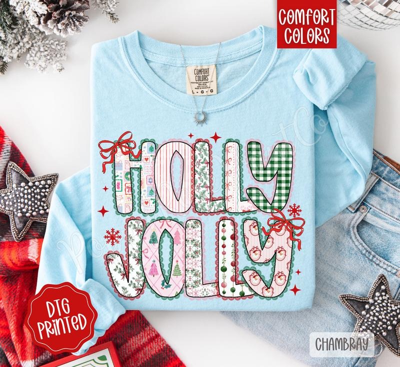 Holly Jolly Comfort Colors Long Sleeve T-Shirt, Cute Women's Christmas Tee Hoodie, Sweatshirt | HypeDripTees.com
