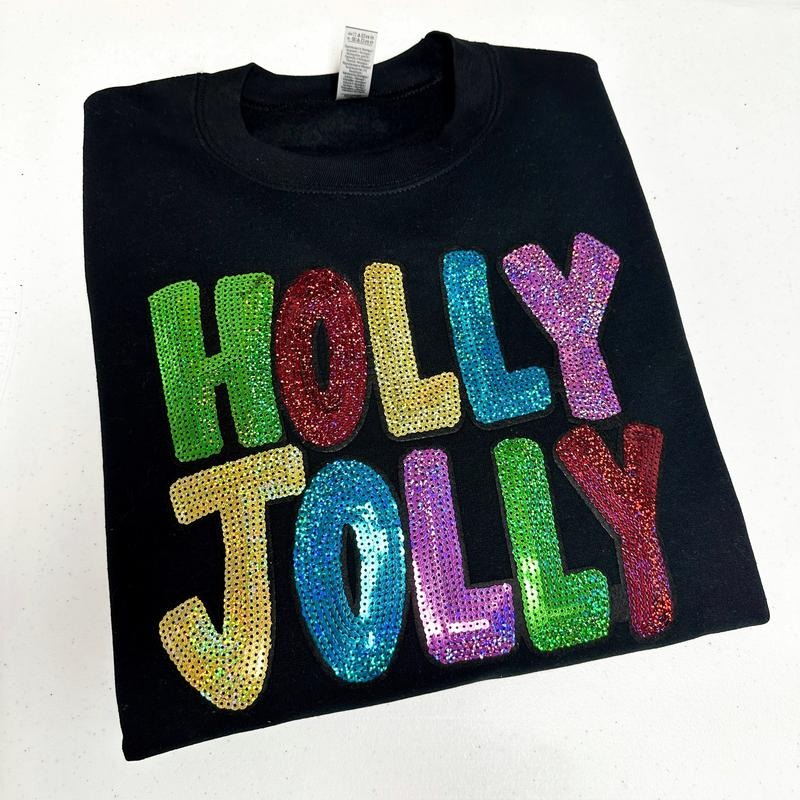 Holly Jolly Sequin Patch Gildan Sweatshirt -- BLACK T-Shirts, Hoodie | HypeDripTees.com