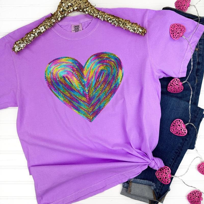 Holographic HEART Sequin Patch Comfort Colors T-Shirt -- NEON VIOLET Hoodie, Sweatshirt | HypeDripTees.com