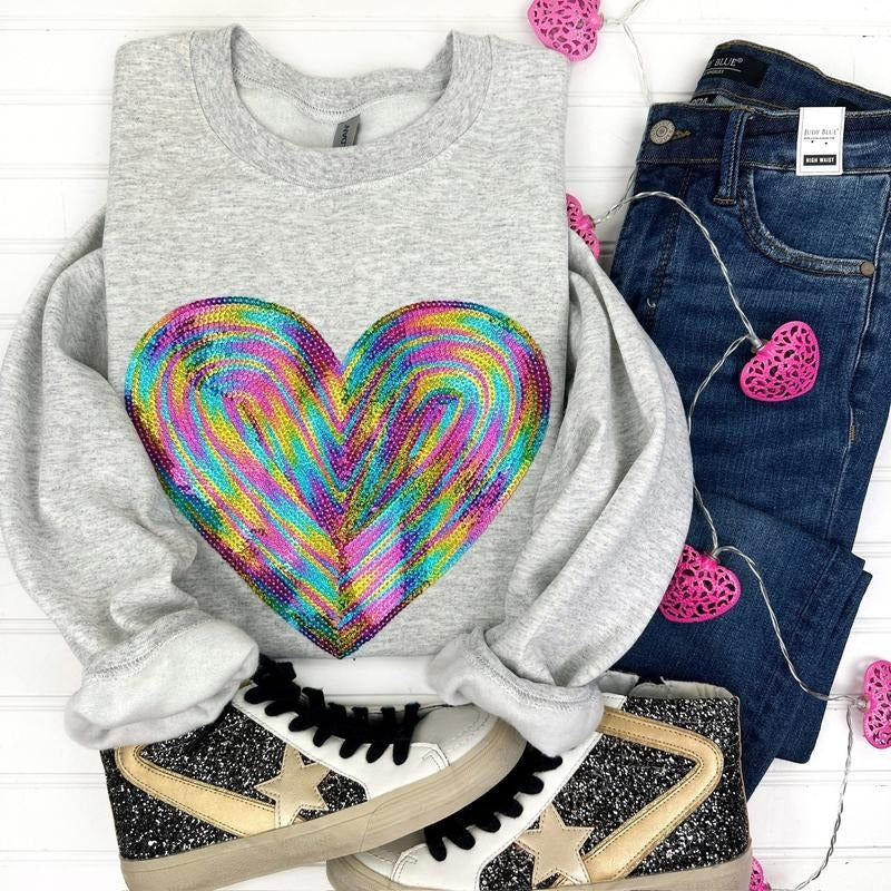Holographic HEART Sequin Patch Sweatshirt -- Ash Grey T-Shirts, Hoodie | HypeDripTees.com