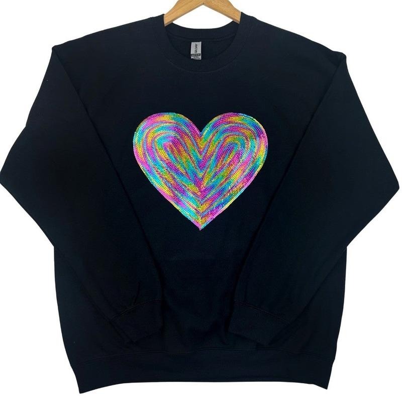 Holographic HEART Sequin Patch Sweatshirt -- BLACK T-Shirts, Hoodie | HypeDripTees.com