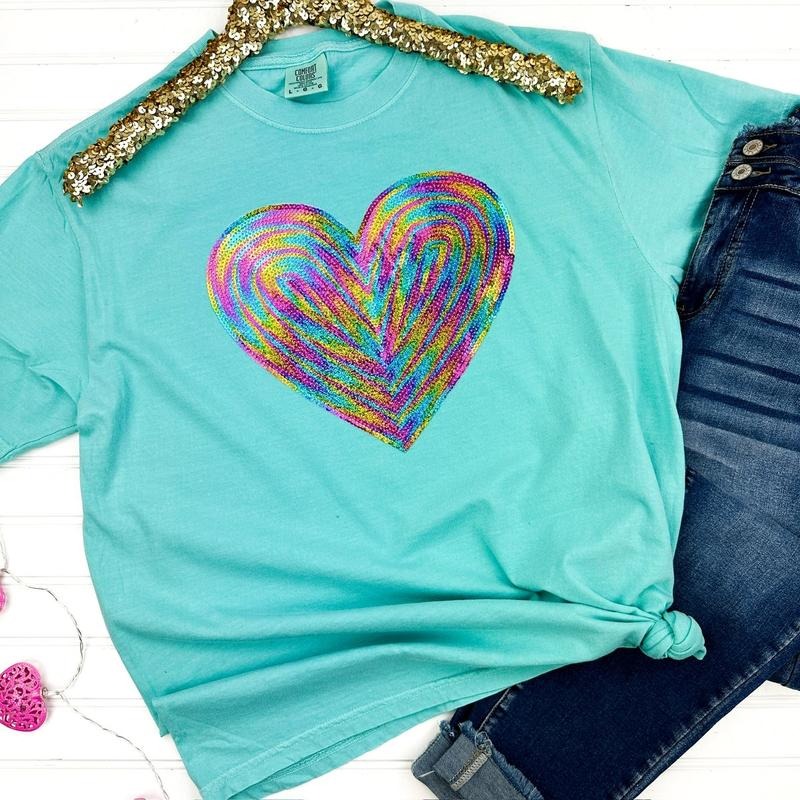 Holographic Heart Sequin Patch Comfort Colors T-Shirt Hoodie, Sweatshirt | HypeDripTees.com