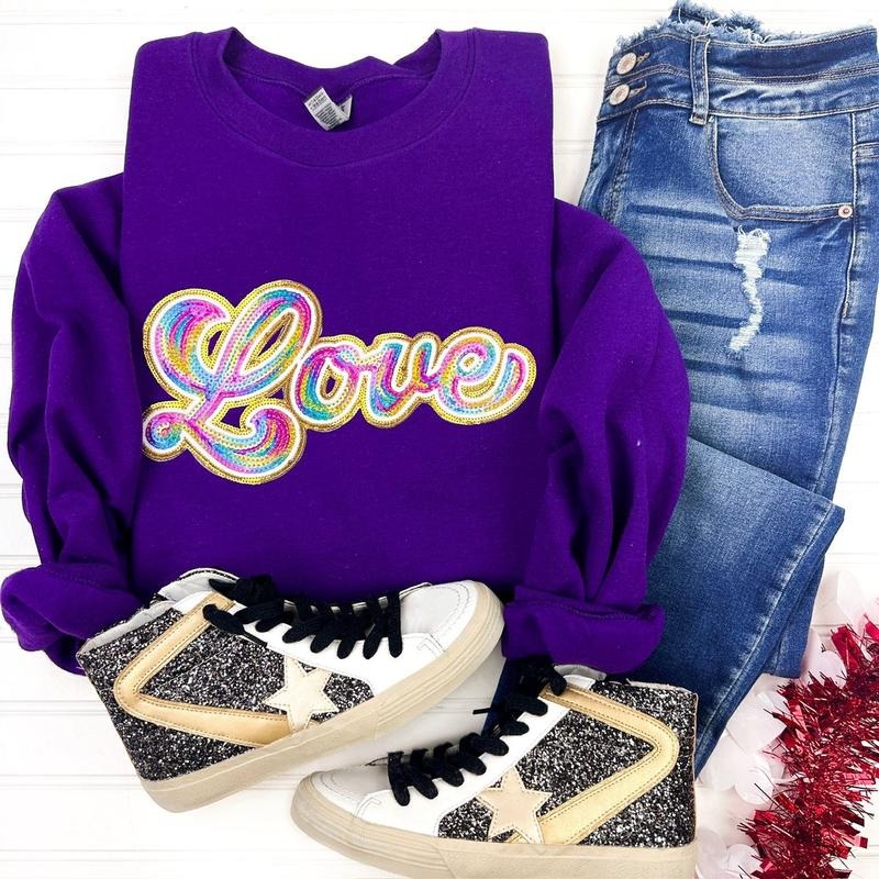 Holographic LOVE Sequin Patch Sweatshirt T-Shirts, Hoodie | HypeDripTees.com