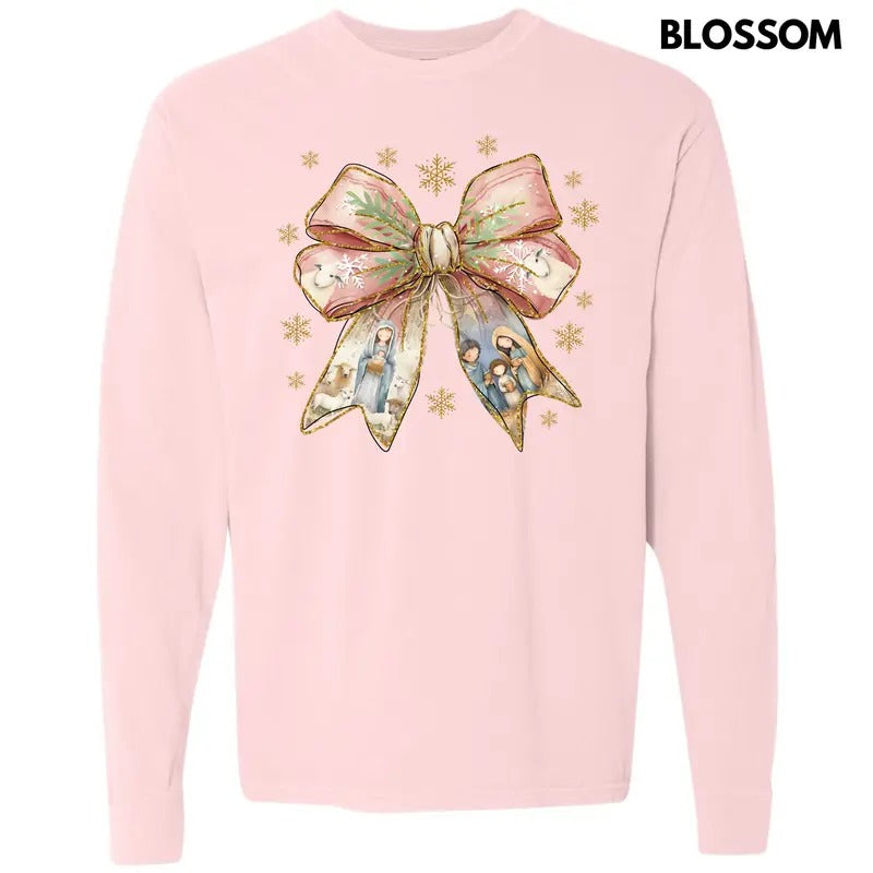 Holy Night Bow Long Sleeve Comfort Colors T-Shirt 'NLB' Hoodie, Sweatshirt | HypeDripTees.com