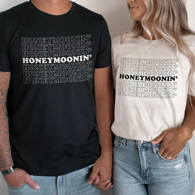 Honeymoon Shirt Just Marrie Funny Tee Cotton Fabric Casual Style Crew Neck Short Sleeve T-Shirt for Women for Men, Date...