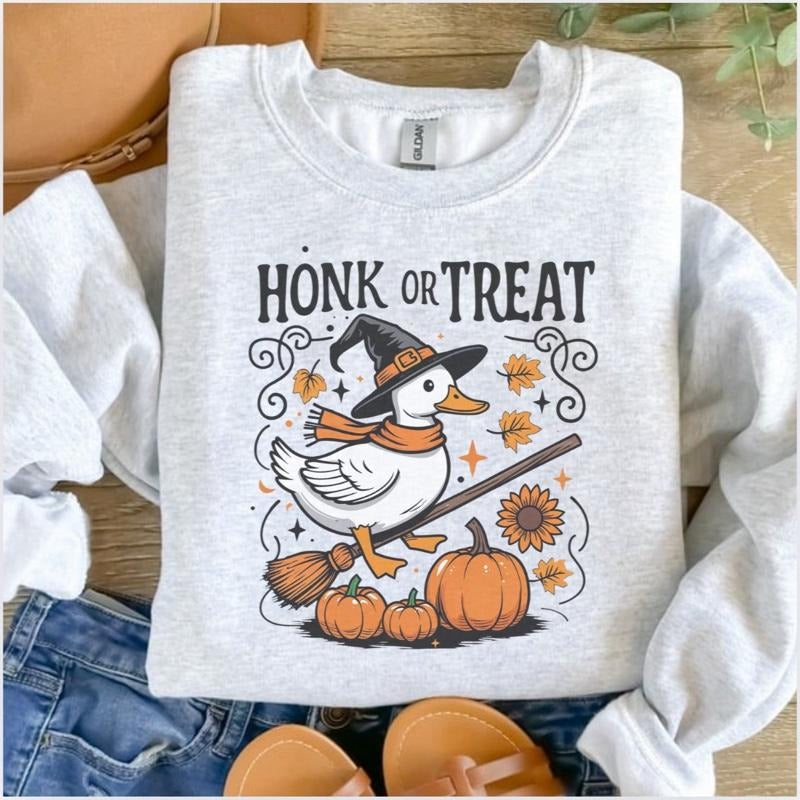 Honk Or Treat Porch Goose Halloween Sweatshirt - Ash Grey - Halloween Sweatshirt T-Shirts, Hoodie | HypeDripTees.com