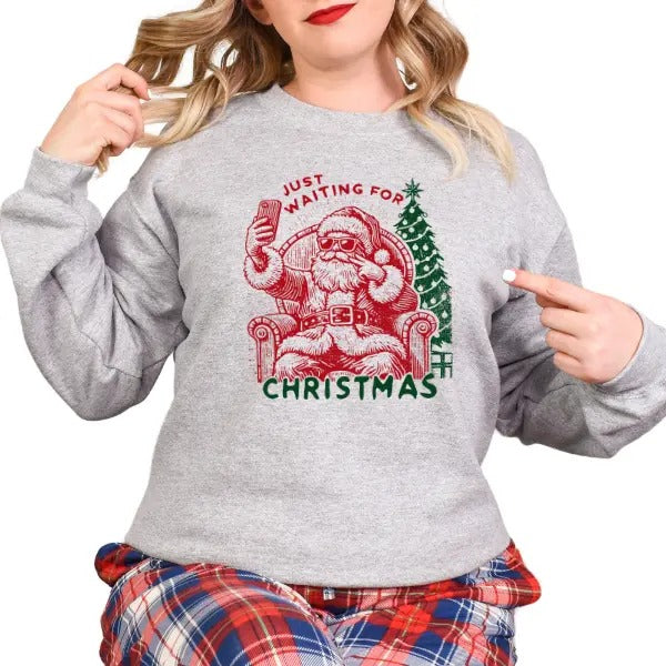 Santa Selfie 'Just Waiting on Christmas' Sweatshirt/Hoodie -Trendy, Fun Doodle Design | Line Art Style in Traditional...