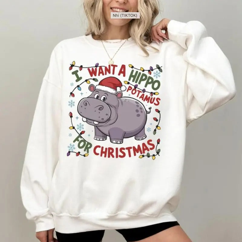 Hippopotamus For Christmas I Want A Hippo T-shirt/Sweatshirt/Hoodie Cotton Unisex Comfy | HypeDripTees.com