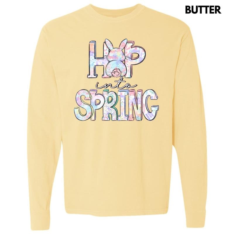 Hop Into Spring Long Sleeve Comfort Colors T-Shirt Hoodie, Sweatshirt | HypeDripTees.com