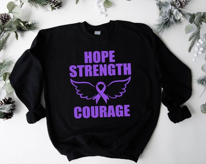 Hope Strength Courage Sweatshirt, Pancreatic Cancer Awareness Hoodie, Purple Ribbon Gift Sweater, Cancer Support Team...