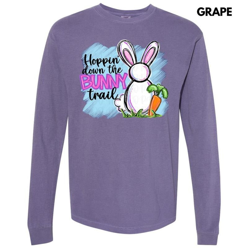 Hoppin Down Bunny Trail Long Sleeve Comfort Colors T-Shirt Hoodie, Sweatshirt | HypeDripTees.com