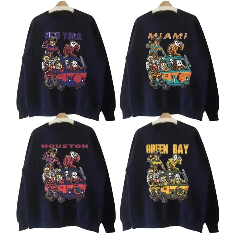Hororr Character All Team Football Black Sweatshirt, Vintage All Team Football Graphic Halloween Sweatshirt, Halloween...