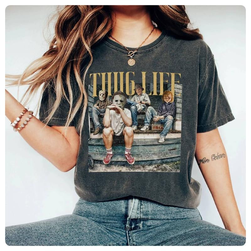 Horror Characters Thug Life Shirt, Horror Movie Characters Shirt Jason Voorhees Michael Myers Halloween Shirt Horror...