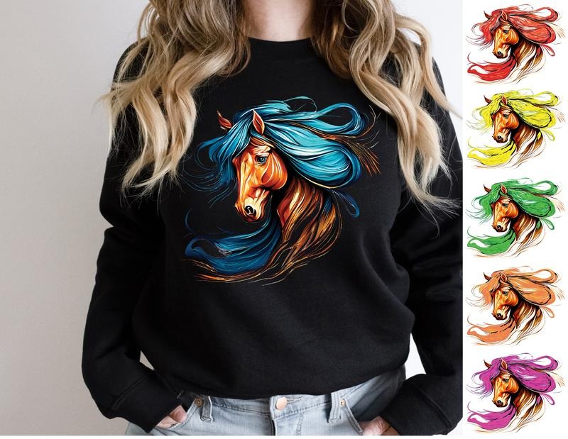 Horse Sweatshirt, Colorful Horse Hair Hoodie, Horse Lover Sweatshirt, Farm Animal Hoodie, Colorful Horse Head Sweater,...