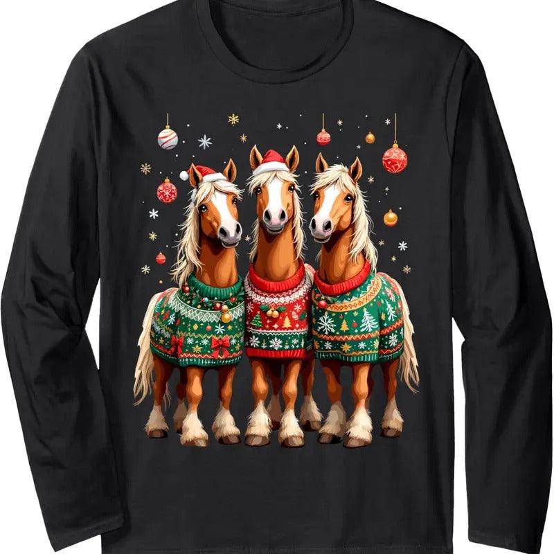 Horses Ugly Sweters Christmas Xmas Horse Lover Horseman Long Sleeve T-Shirt Hoodie, Sweatshirt | HypeDripTees.com