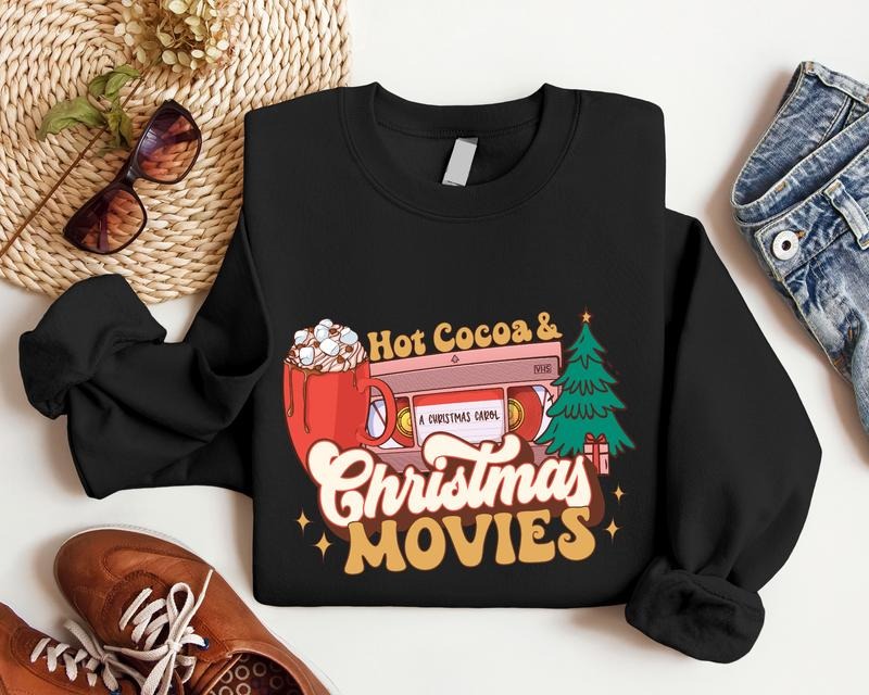 Hot Cocoa and Christmas Movies Sweatshirt, Hot Chocolate Lover Holiday Gift Sweater, Xmas Movies Family Hoodie, Retro...
