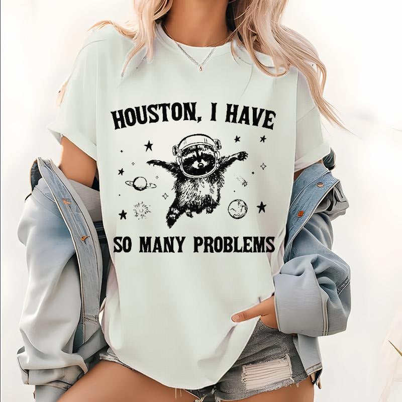 Houston I Have So Many Problems T Shirt, Raccoon Pattern Tops, Raccoon In Space Shirt, Retro 90s Graphic Tee, Funny...