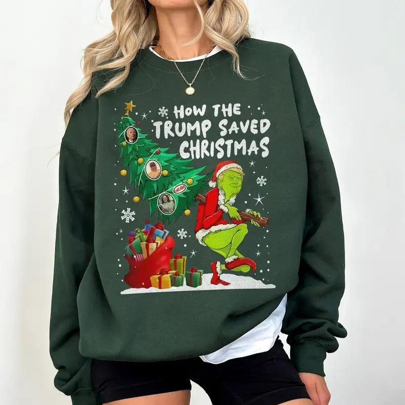 How The Trump Saved Christmas Sweatshirt, Funny Trump Christmas Tee Shirt,Unisex Cotton Tee, Perfect Holiday Gift Idea,...