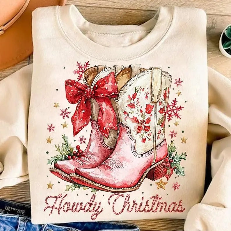 Howdy Christmas Western Sweatshirt, Coquette Cowgirl Christmas T-Shirt, Retro Aesthetic Holiday Clothing, Unisex Cotton...