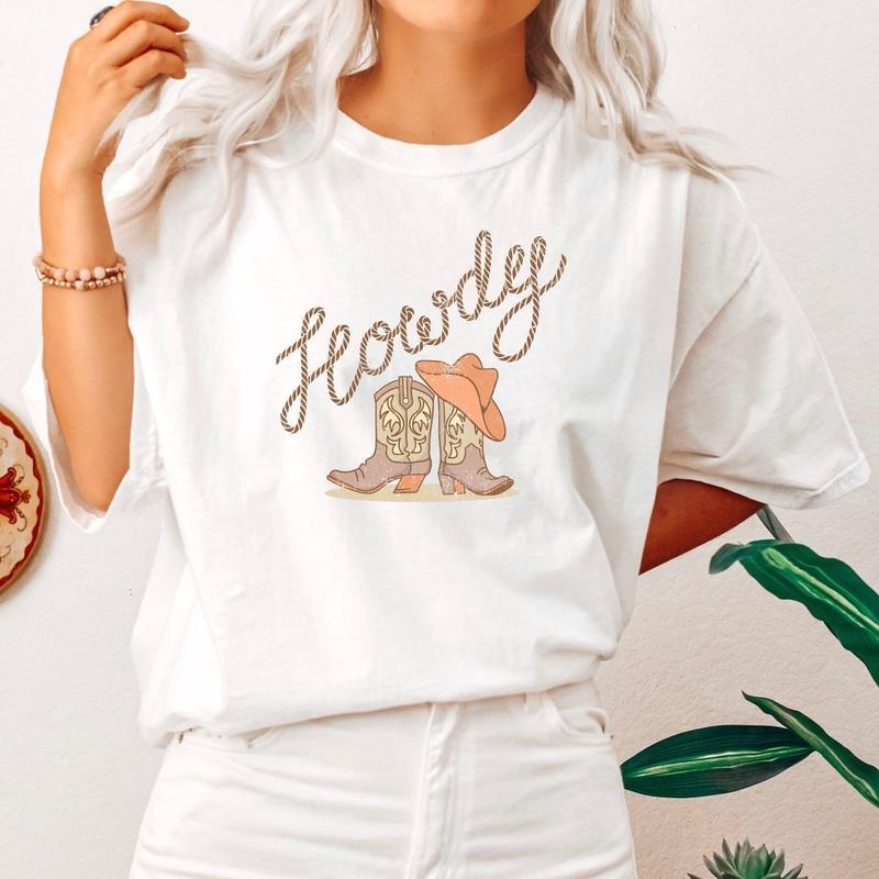 Howdy, Cowboy Boots, Western, Country, Cowgirl,  Tshirt, Women's Crew Neck, Crewneck Hoodie, Sweatshirt | HypeDripTees.com