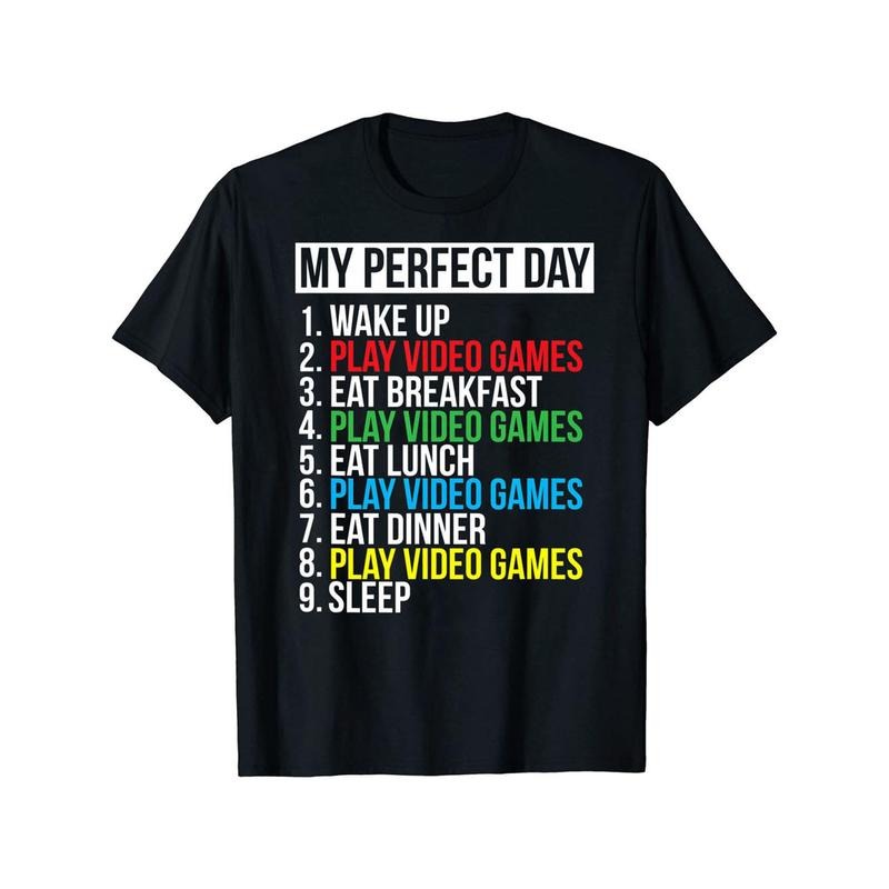 Humorous "My Perfect Day" Graphic T-Shirt for Men - Short Sleeve, Casual, Funny Video Game Print Tee