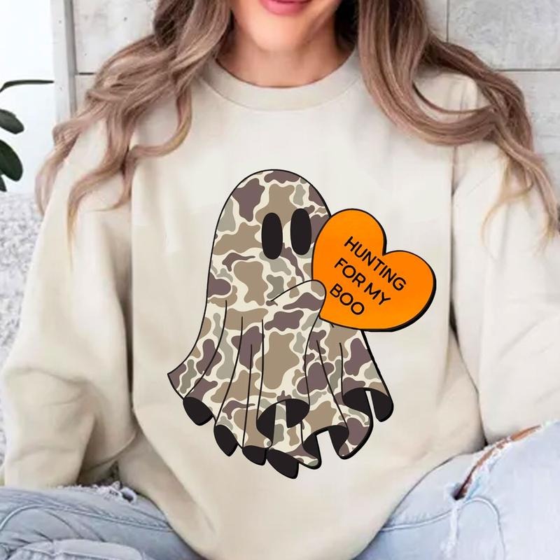 Hunting For My Boo Camo Ghost Sweatshirt, Hunting Cute Ghost with Heart Halloween Shirt, My Boo Gifts for Her Hoodie