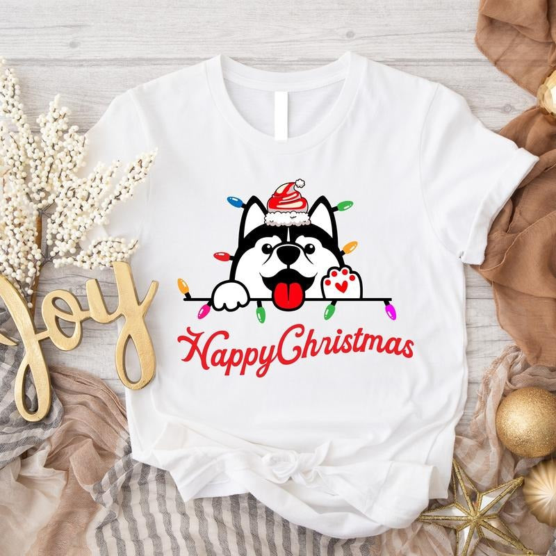 Husky Christmas Shirt, Happy Christmas T-Shirt, Dog Christmas Shirt, Dog Lover Gift Tee, Pet Owner Short Sleeve,...