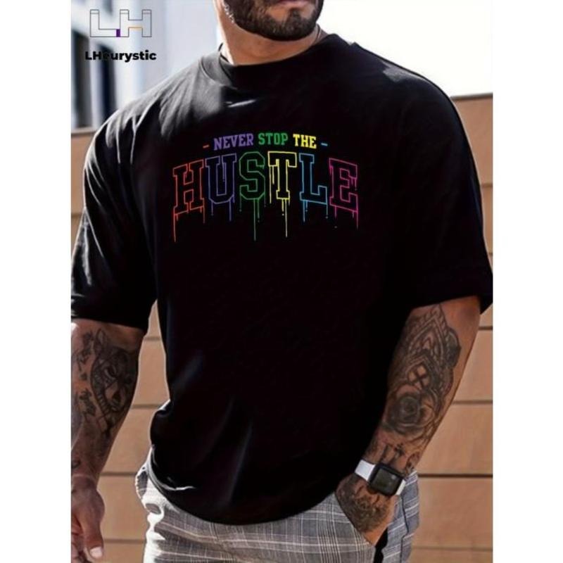 Hustle Print, Men's Graphic Design Crew Neck Niche T-shirt, Casual Comfy Tees Tshirts For Summer, Men's Clothing Tops For...