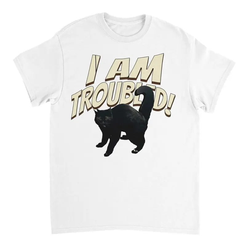 I AM TROUBLED Cat Meme T-Shirt, Funny Graphic Tee for Cat Lovers, Cute Humor Gift Idea Hoodie, Sweatshirt | HypeDripTees.com
