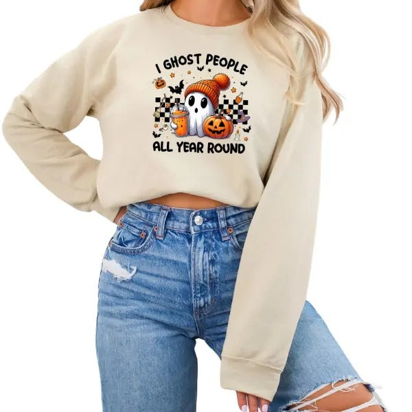 I Ghost People Year Round" Long Sleeve Sizing Small 5X Retro Inspired Halloween Cute Ghost Checkered Background Fun Vintage Inspired Spooky Season Beyond T-Shirts, Hoodie, Sweatshirt