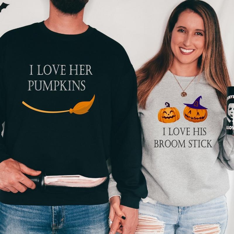 I Like Her Pumpkins, I like His Broom Stick Sweatshirt, Matching Couples Halloween Party Hoodie, Fall Wife And Husband...