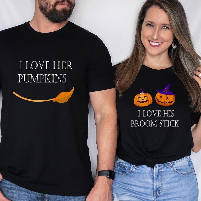 I Like Her Pumpkins, I like His Broom Stick T-Shirt, Matching Couples Halloween Party Tee, Fall Wife And Husband Tee, New...