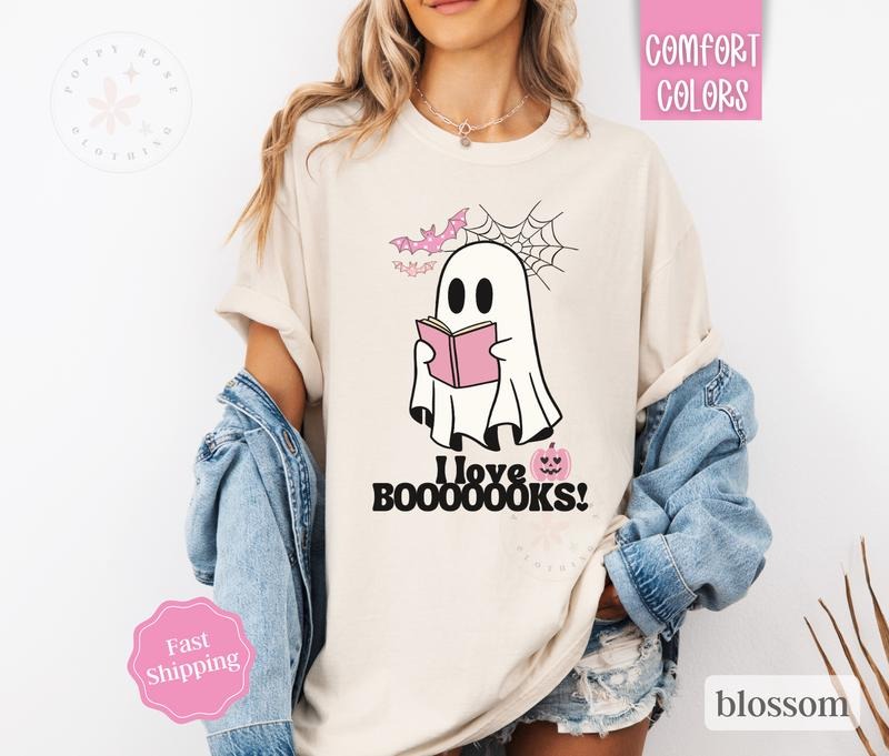 I Love Books Shirt Comfort Colors, Ghost Reading Tshirt, Teacher Halloween Tee Hoodie, Sweatshirt | HypeDripTees.com