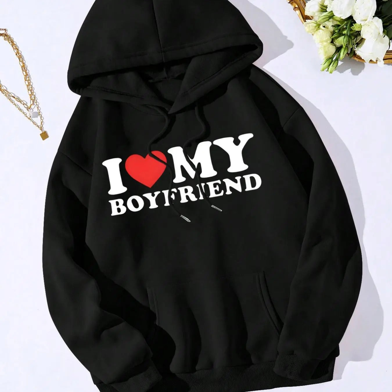 I Love My Boyfriend Print Hoodie, Fashion Casual Letter Print Hooded Sweatshirt for Daily Holiday Outdoor Wear, Girls...