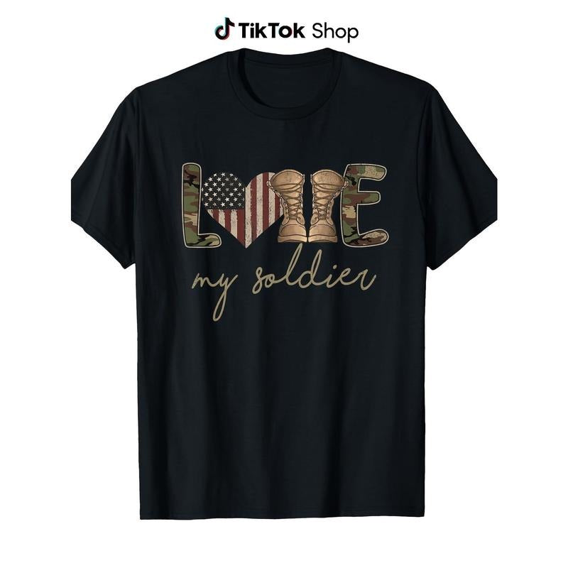 I Love My Soldier Patriotic Camouflage Flag T-Shirt, 100% Cotton, 180g Fabric Weight, Machine Washable, Men's & Women's...
