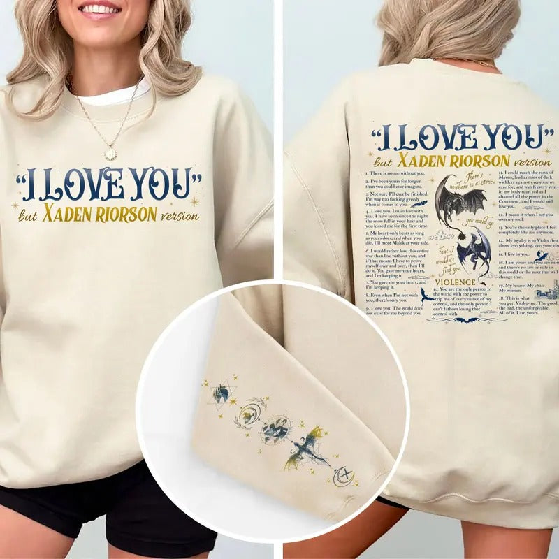 I Love You in Xaden Riorson Version Sweatshirt, Fourth Wing Book Quotes, Xaden Fourth Wing Merch, I Love You In Book...