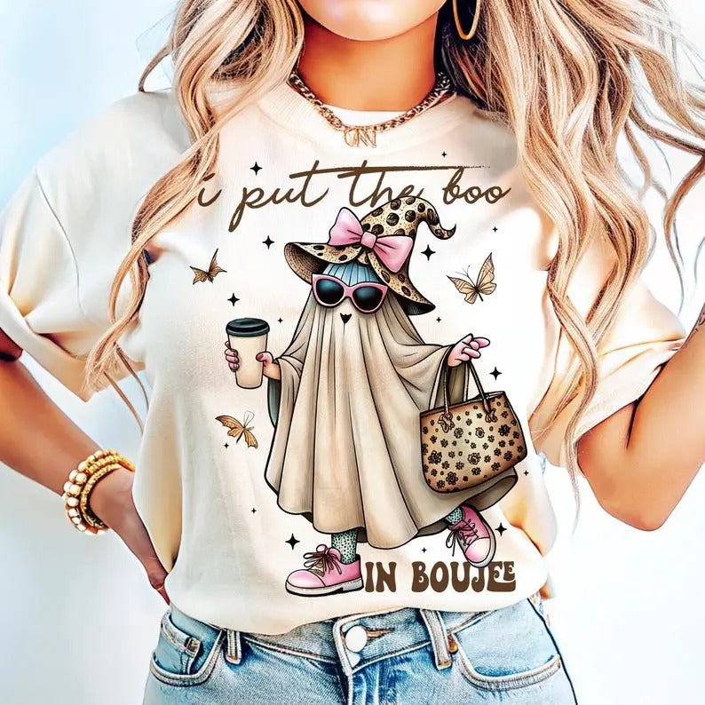 I Put The Boo In Boujee Ghost T-Shirt , Halloween Ghost Sweatshirt, Girly Halloween Boo Shirt Hoodie | HypeDripTees.com