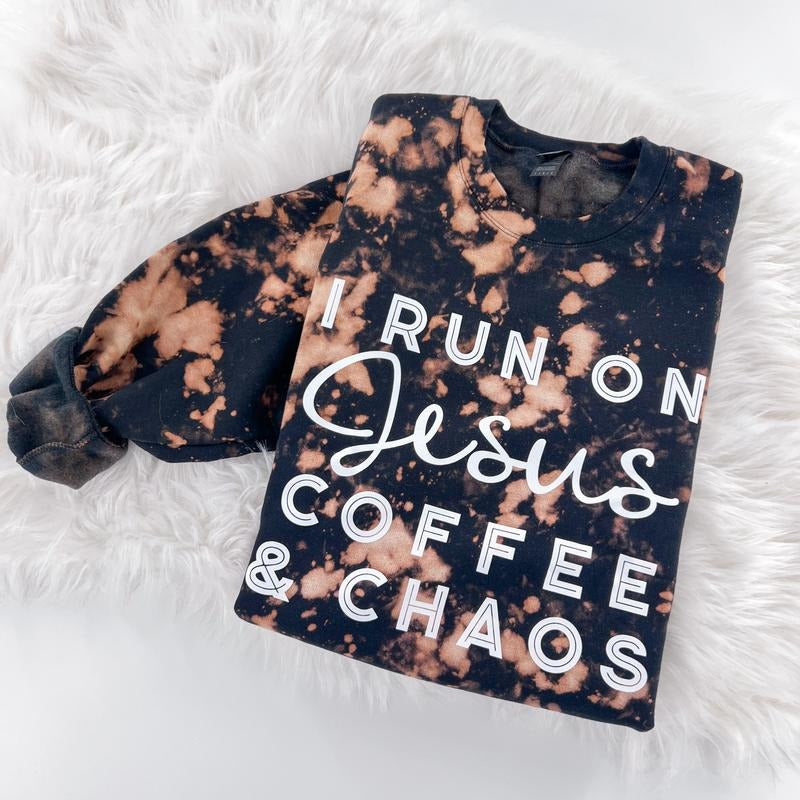 I Run on Jesus Coffee and Chaos Marbled T-shirt Sweatshirt or Hoodie Comfy Womenswear Tops | HypeDripTees.com