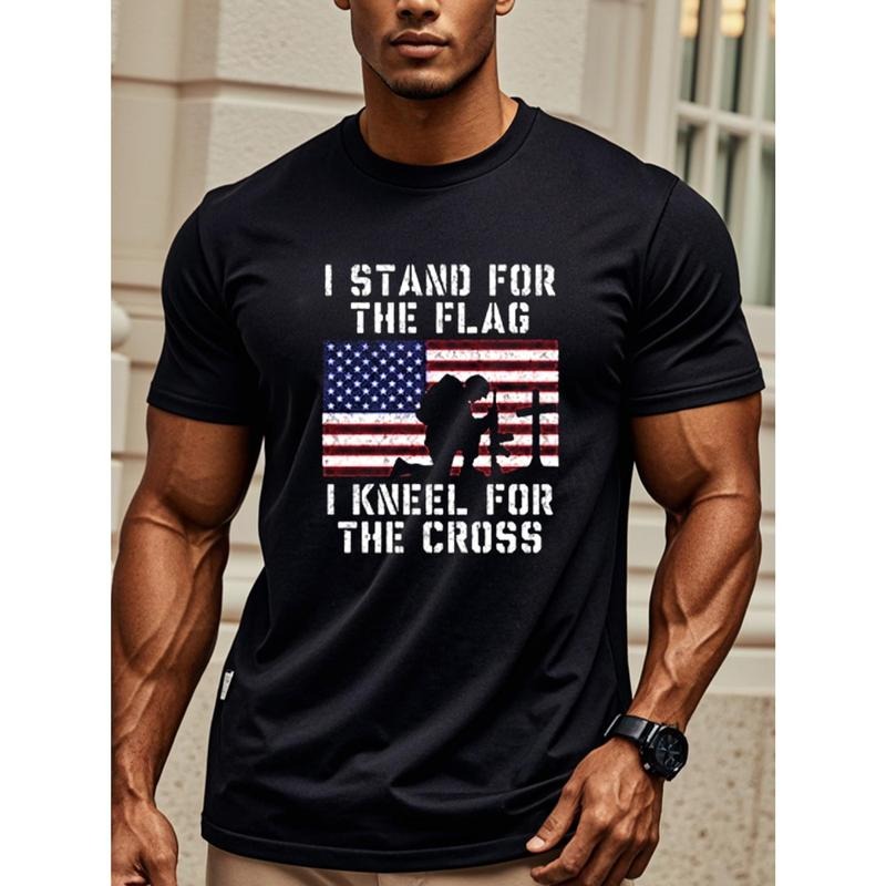 I Stand For The Flag I Kneel For The Cross Weekend Casual T Shirts For Men Graphic Tee Stylish Crew Neck Soft 100% Cotton...