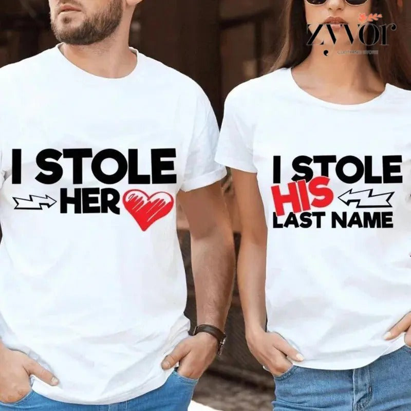I Stole Her Heart Funny Couple Shirt Cotton Fabric Casual Streetstyle Crew Neck Short Sleeve T-Shirt for Women for Men,...