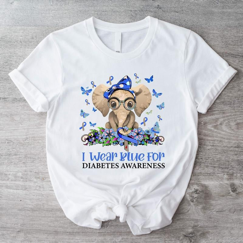 I Wear Blue For Diabetes Awareness Shirt, Elephant Diabetes Support T-shirt, Warriors Short Sleeve, Type 1 Diabetes Tee....