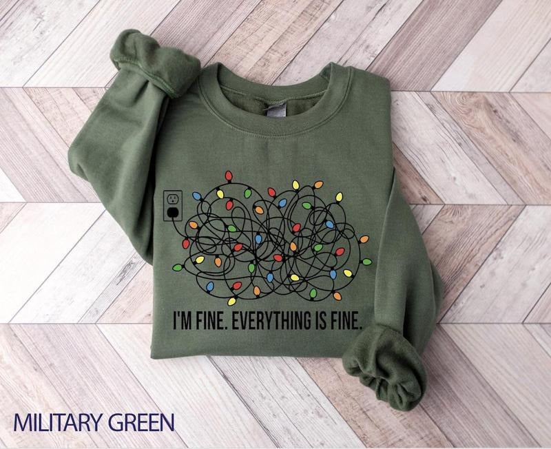 I'm Fine Christmas Lights Sweatshirt, Funny Holiday Crewneck T-Shirts, Hoodie | HypeDripTees.com