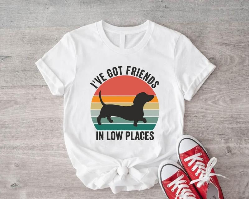 I've Got Friends In Low Places T-shirt, Funny Dog Saying Tee, Retro Vintage Dachshund Short Sleeve, Dog Lover Gift Tee,...