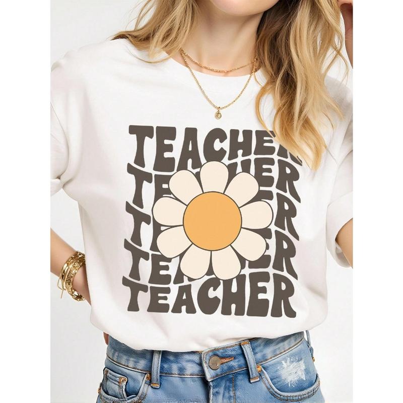 INAWLY Retro Daisy Teacher Graphic Round Neck Short Sleeve T-Shirt Yellow Polyester Casual Day Fabric Women's Tops...