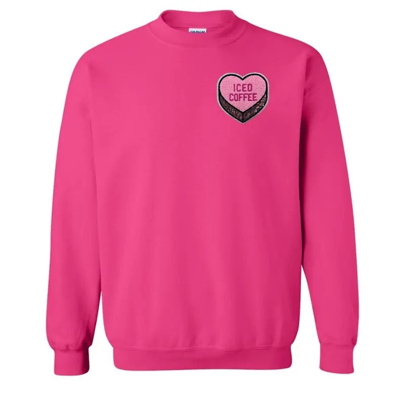 'Iced Coffee Candy Heart' Letter Patch Crewneck Sweatshirt T-Shirts, Hoodie | HypeDripTees.com
